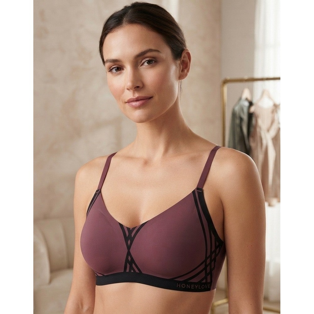 Honeylove Crossover Bra Wireless Removable Pads Small 34/B /C Burgundy Stretch